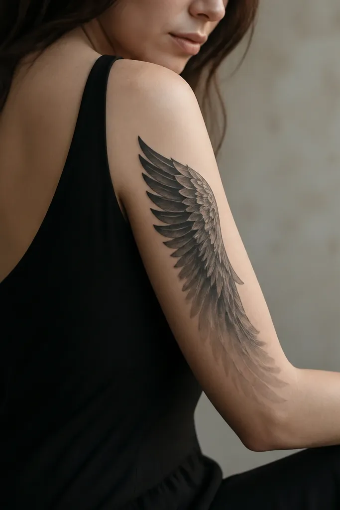 A partial wing frame made from curved feather shapes in black and smoky gray, hugging the outer forearm. Feathers fade from crisp near the top to softer haze near the bottom.