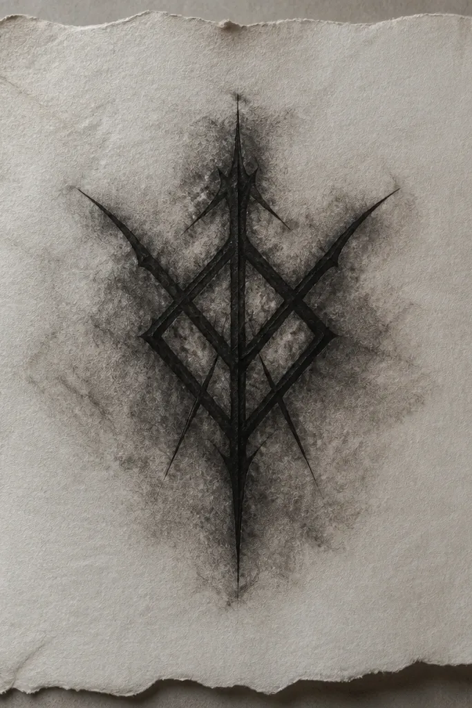 A central dark sigil mark drawn in near-black with a soft smudge halo around it. The edges are crisp in the center and fade outward into smoky gray, with no color.