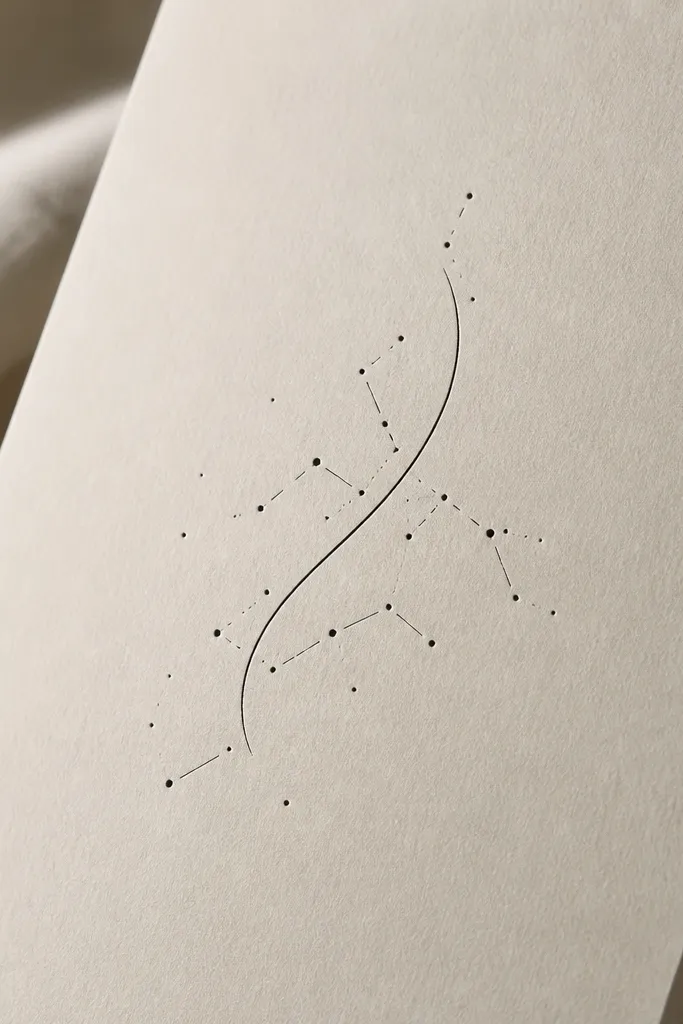 A small star-map style cluster of dots and tiny short dashes forming a constellation-like shape. One bold curved line runs through it, anchoring the composition in the center.