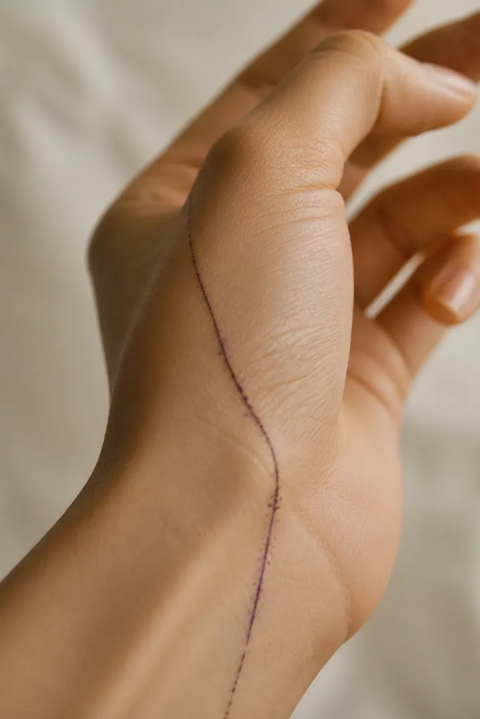 A thin line like a vein or thread running along the side of the hand or wrist, mostly black with small purple flecks embedded like inked starlight.