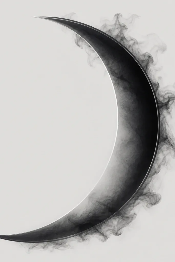 A crescent-shaped blade outline with a dark gradient inside, plus small smoke wisps trailing from the edges. The outline is sharp, the inside fades from black to gray.