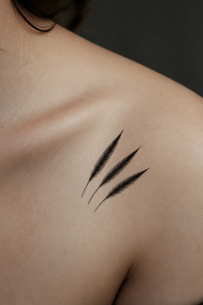 Three small raven-like feather tips angled upward, drawn in black with crisp edges. The center spaces are left blank, so skin shows through between feathers.