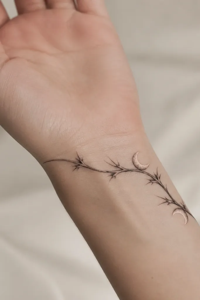 A curved thorn vine drawn in black and smoky gray, wrapping around the wrist bone with small moon highlights at two points. The thorns are thin, spaced out.