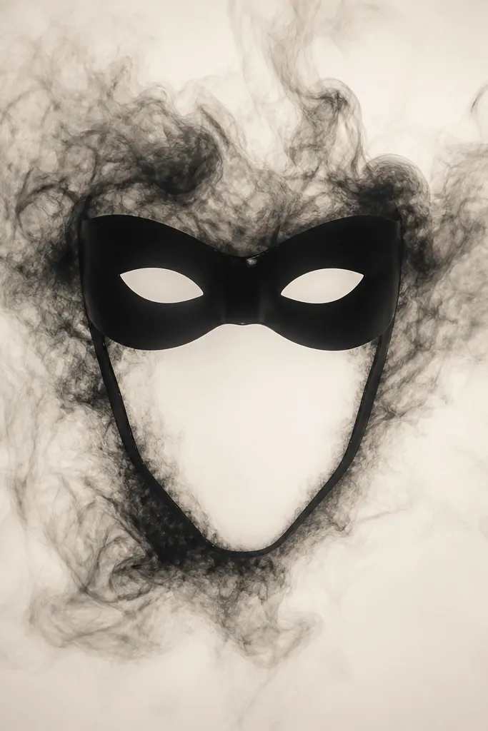 A minimalist mask silhouette in black - just the eye cutouts and jaw line - surrounded by a soft smoky border like drifting ink clouds.
