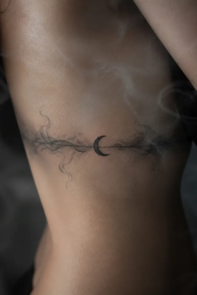 A thin horizontal banner-like strip in black with a darker gradient and a small crescent at the center. It sits across the side of the ribs with airy smoke above and below.