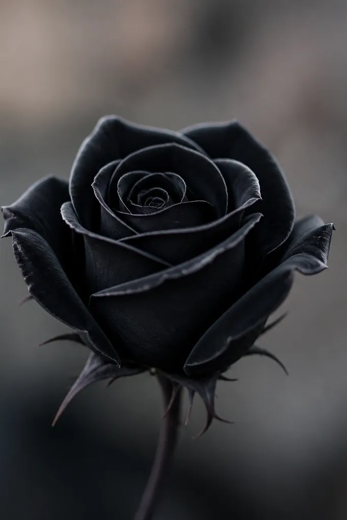 A small rose drawn in deep black petals with gray shading and a faint pale edge highlight on the outer petals. Tiny thorns curl at the base.