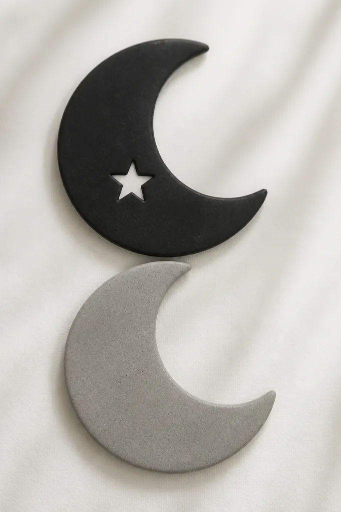 Two crescent moons stacked vertically in black and gray. One crescent has a small star cutout shape in white-negative space.