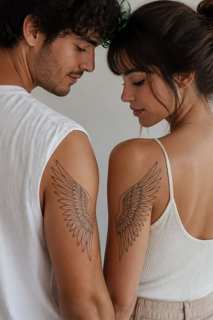 Left partner has a winged outline on the upper outer arm with feather lines that taper at the tips. Right partner has the matching complementary wing shape on the upper arm near the shoulder blade, angled so the two wings look like one when viewed together from the side.
