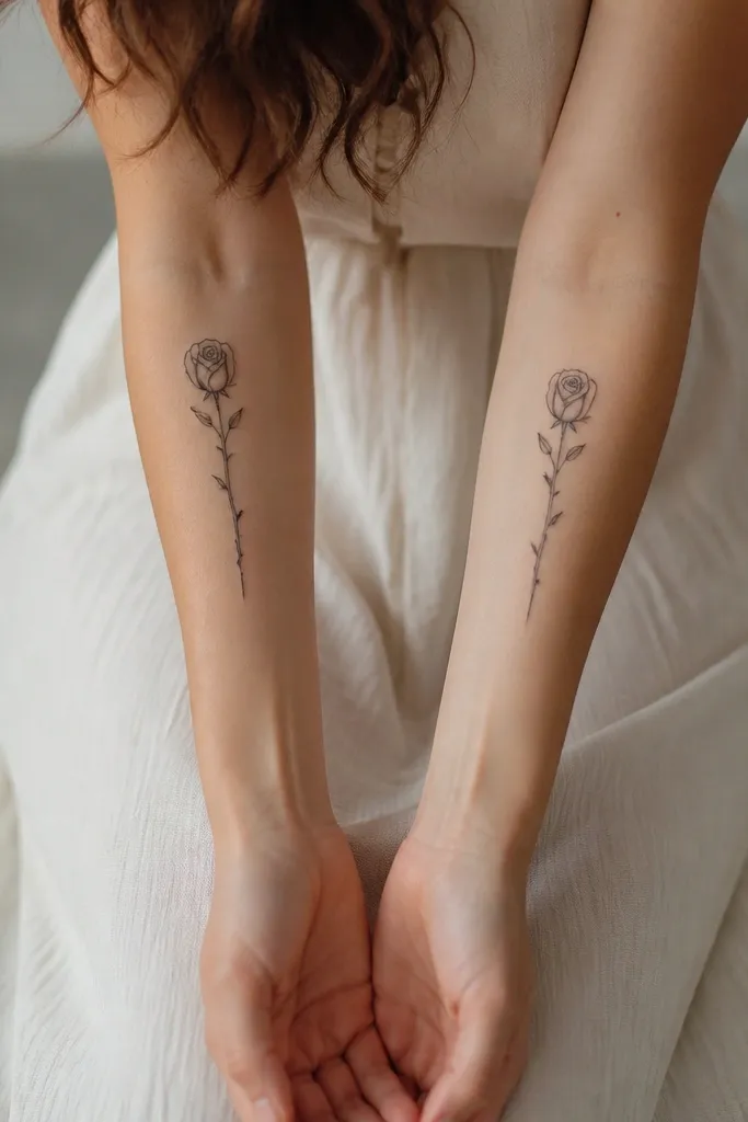 Each forearm has a small rose with thorned stem. The petals are outlined in fine line and filled with micro dot shading. Thorns have tiny hook-like filigree accents near the base of the stem.
