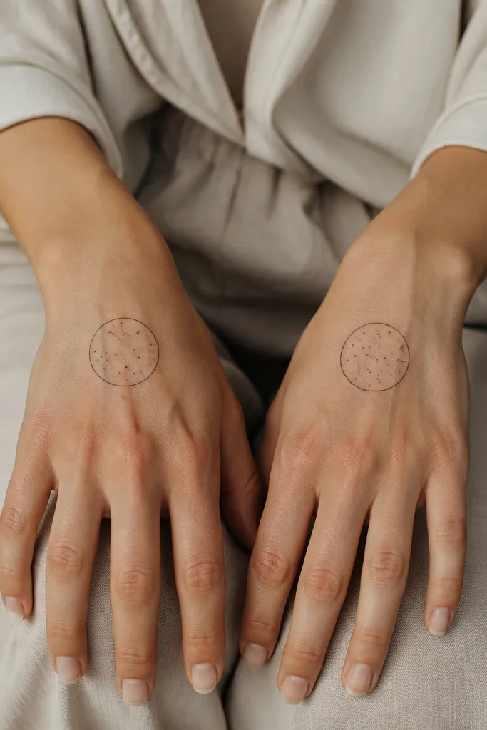 Two tattoos sit on the top of each hand near the base of the fingers. Each shows a thin halo circle with tiny star dots scattered inside. The circle line is crisp and the stars vary in dot size.