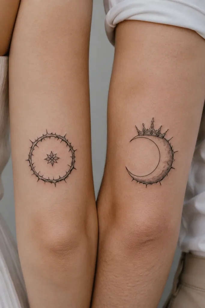 One partner has a thorned circle with a small center emblem done in fine line. The other partner has a crowned moon with thorn-like spikes around the moon edges. Both pieces are black ink with light gray stipple only at the base of shapes.