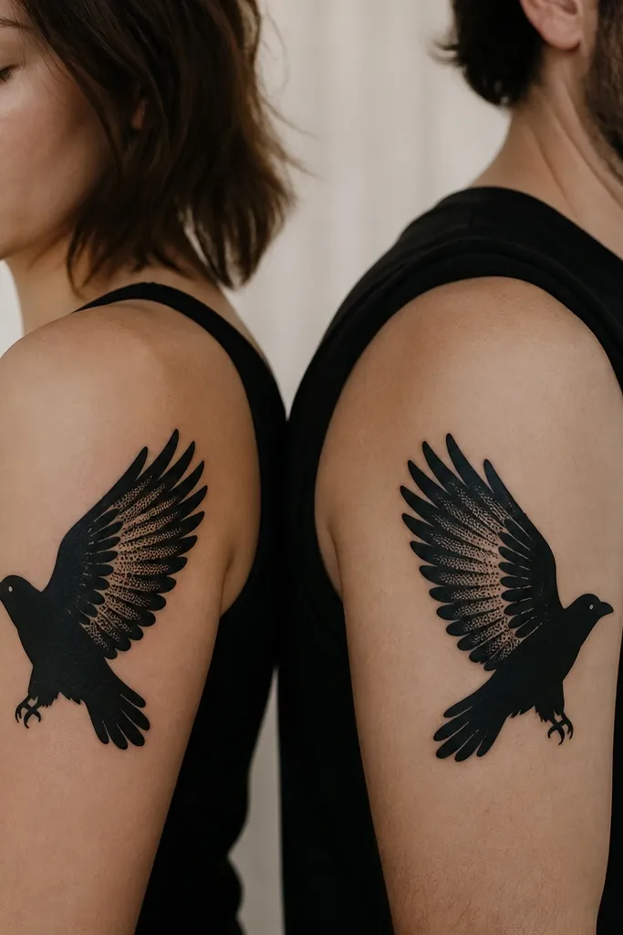 Two upper arm tattoos. Each shows a raven silhouette in profile with one wing spread. Inside the wing, a few feathers are drawn as dotwork rows, while the rest is clean black silhouette.