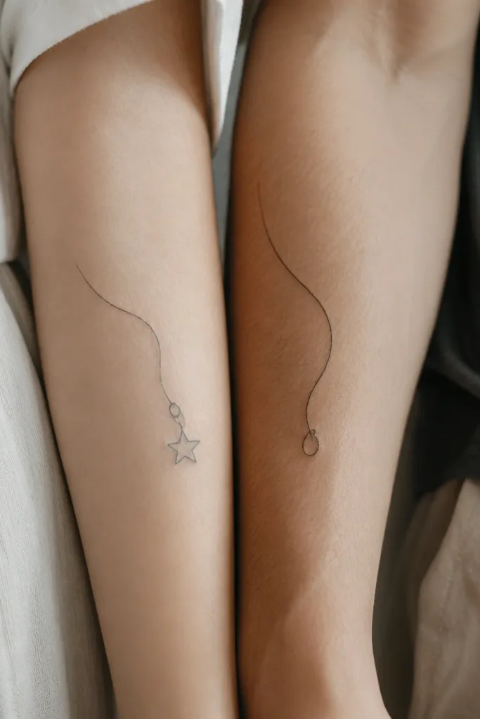 Each partner has a thin line tattoo resembling a thread path. On one arm it ends at a small pendant star wrapped by a tiny loop. The other partner has the matching thread path ending at the complementary loop point.