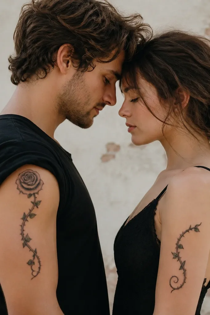 A bicep band on each partner. One has a rose at the top of the band with a thorned vine curling down. The other has the complementary vine pattern starting near the rose base, with only one thorned curl at the bottom.