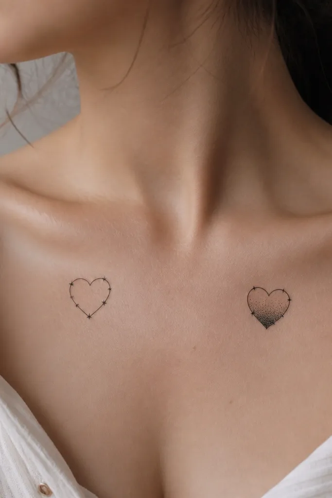 Two small heart tattoos near the collarbone. The left heart is mostly fine-line outline with small star cuts along the edges. The right heart has the same outline but the interior is filled with stippled dots forming a gradient.