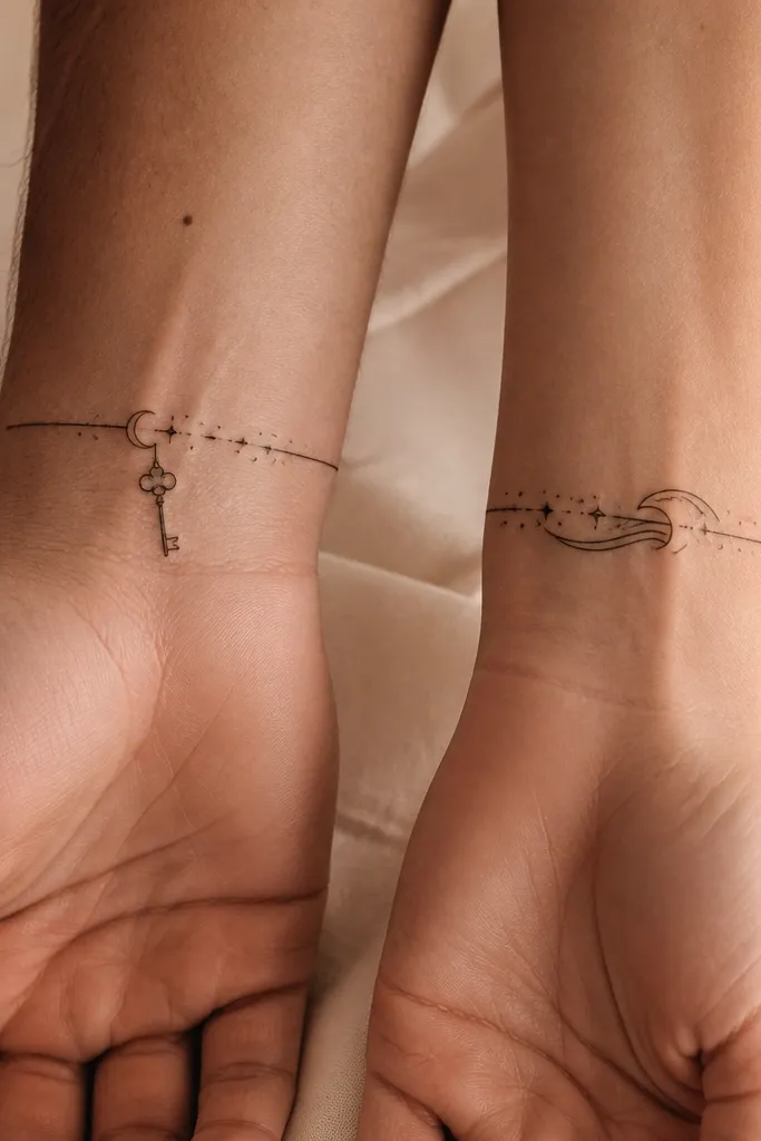 Two wrist cuff tattoos. One shows a small key with a simple bow and a thin chain-like stem. The other shows a river line that curls into a hook shape with tiny dot highlights. Both cuffs include a minimal star dot cluster near the outer edge.
