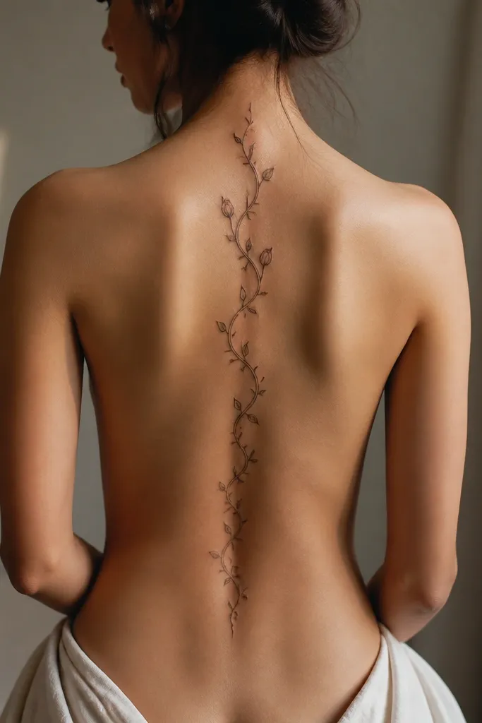 A spine tattoo that looks like a vine ribbon: delicate thorn stems run upward and downward, wrapping subtly left and right of the centerline. Small buds appear near the upper third, and the thorns taper toward the lower back.