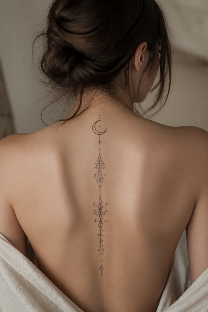 A crescent moon sits at the upper spine, centered. Beneath it is a thin rectangular border that follows the spine's curve, with tiny star dots inside the border fading downward.