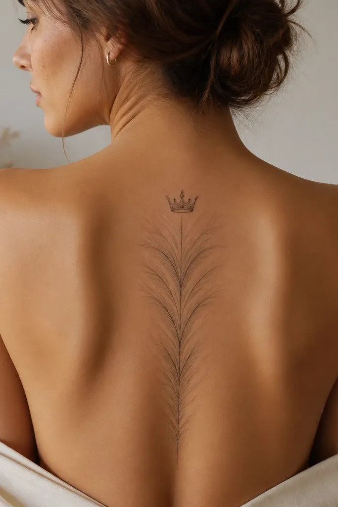 A small crown at the upper-middle spine, with feather-like strokes radiating down in a soft V pattern. The strokes are black linework with light gray shading behind the center.