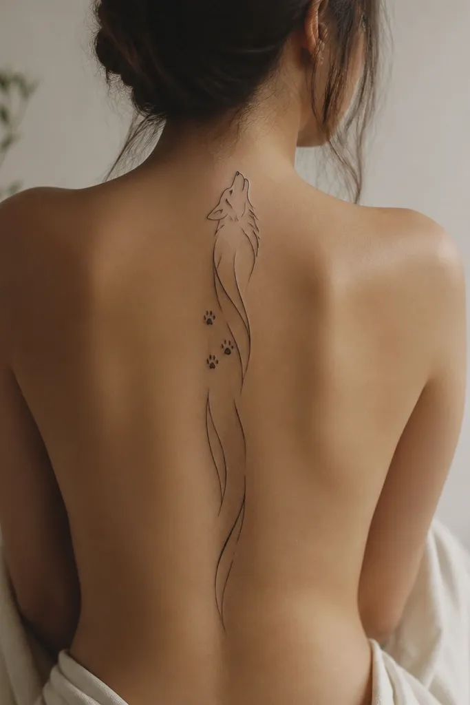 A series of abstract wolf-like lines forming a subtle animal silhouette that runs down the center spine. The lines are thin, slightly curved, with tiny paw-print dots near the mid-back.