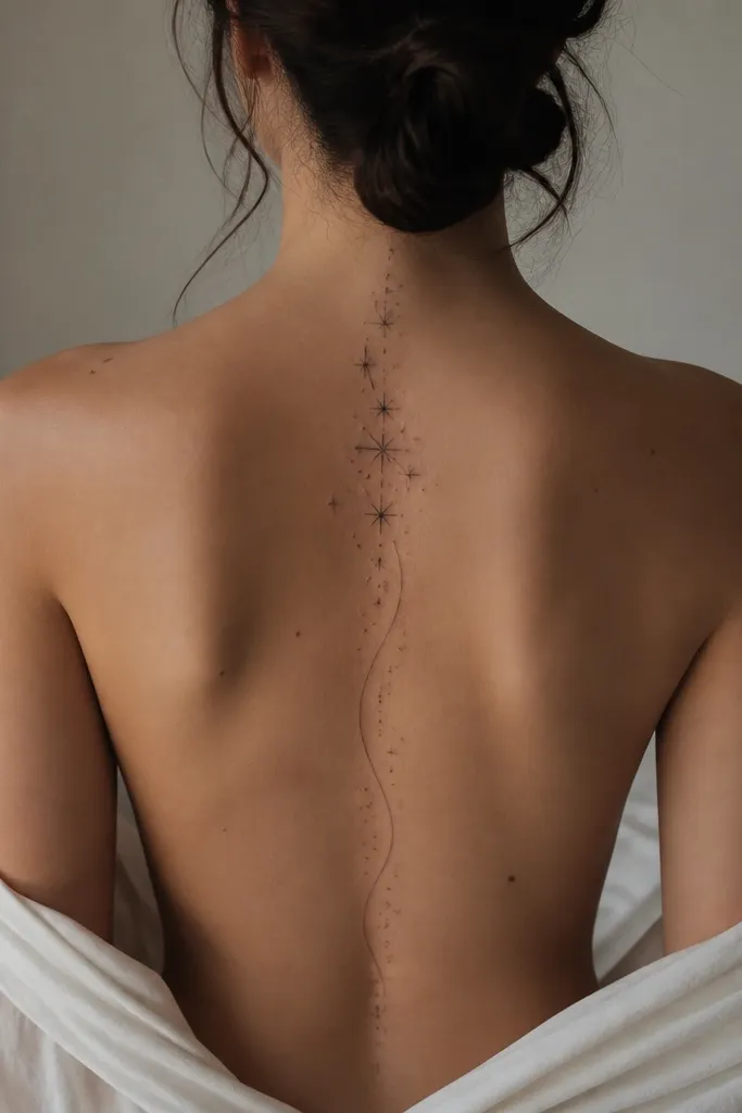 A spine tattoo with a cluster of stars near the top and a thin, almost invisible border line that looks like a veil wrapping down. The stars fade into smaller dots toward the bottom.