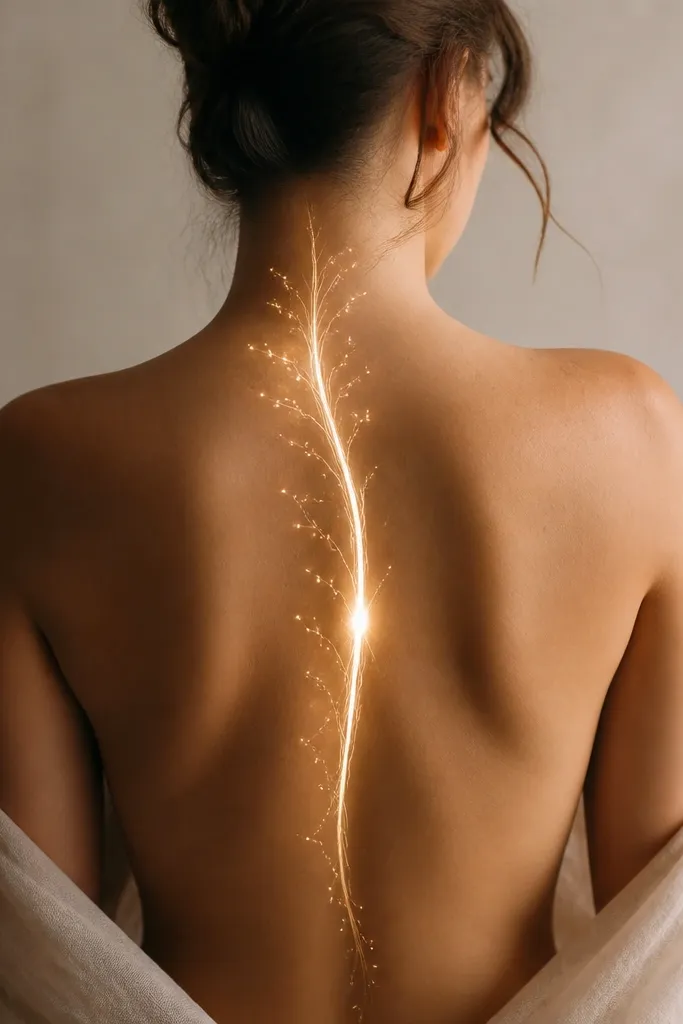 A single bright-looking line down the spine, drawn as a glowing thread. Tiny sparkles branch off on one side, and the thread thickens slightly at mid-back before tapering again.