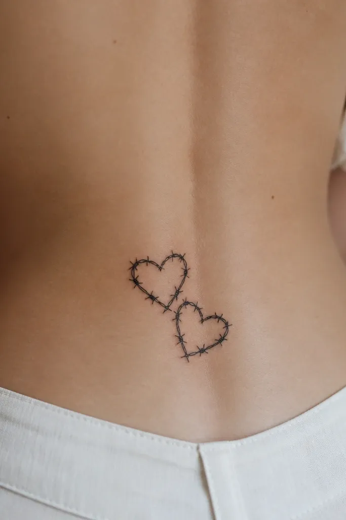 Two small barbed-wire hearts stacked diagonally across the lower spine. The wires are black linework with tiny barbs, and the hearts have small negative-space openings.