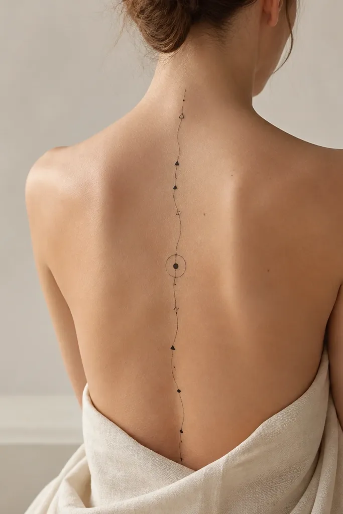 A thin line that runs down the spine like a map route. Small symbols sit along it - dots, tiny triangles, and one larger circle marker at mid-back.