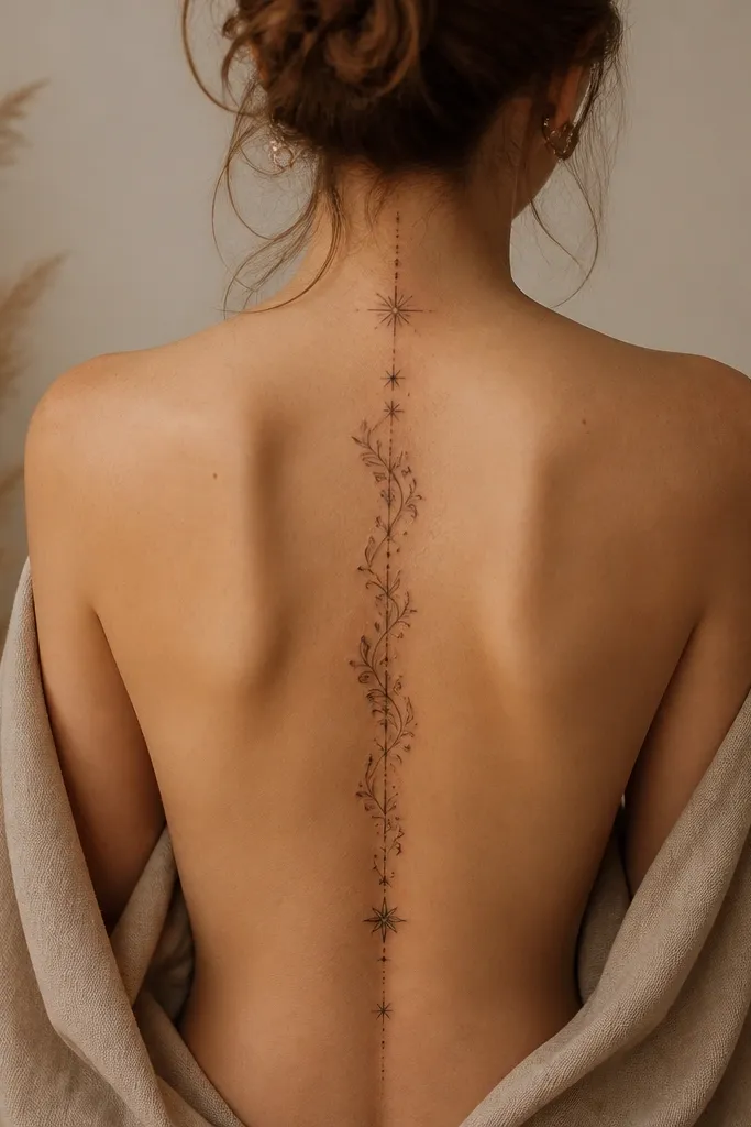 Fine vines start at upper spine and drift outward slightly, while a dot gradient fades down the center. The bottom ends are clean and taper away around the waistline.