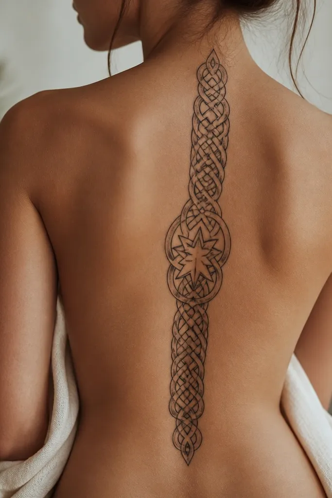 A long Celtic knot pattern that wraps along the spine's curve. In the center of the knot, a single star sits like a focal point.