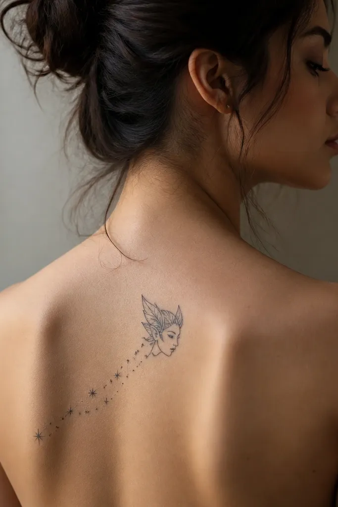 A side-profile fae mask silhouette sits on the upper spine, drawn in one-color gray with a clean black outline. A thin line of stars trails backward from the mask.