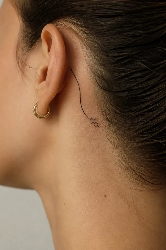 A thin black line that curves like a partial wave, with three short jagged marks at one end, placed behind the ear. The rest is clean skin with no fill.