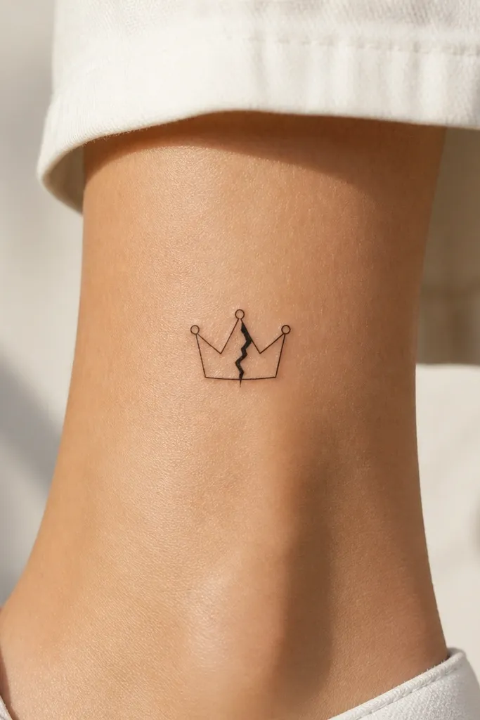 A small crown outline in thin black ink with a single straight crack line cutting through the center from top to base. The crack line is slightly thicker than the crown outline.