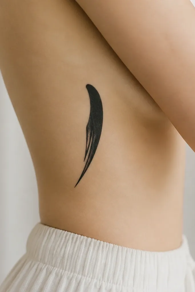A thin black wing slice drawn as a curved blade-like shape on the side ribs. It has two edges that taper slightly toward the bottom, with no feather lines.