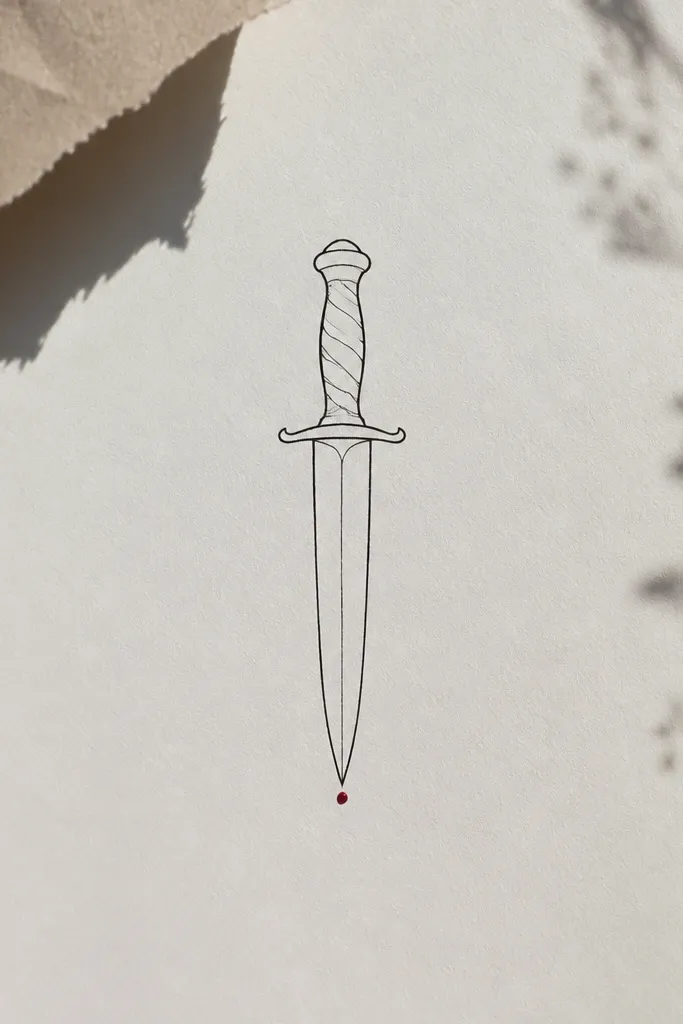 A simple dagger outline in thin black ink. At the tip of the blade there is a single small dot colored deep wine red, like an ink drop.