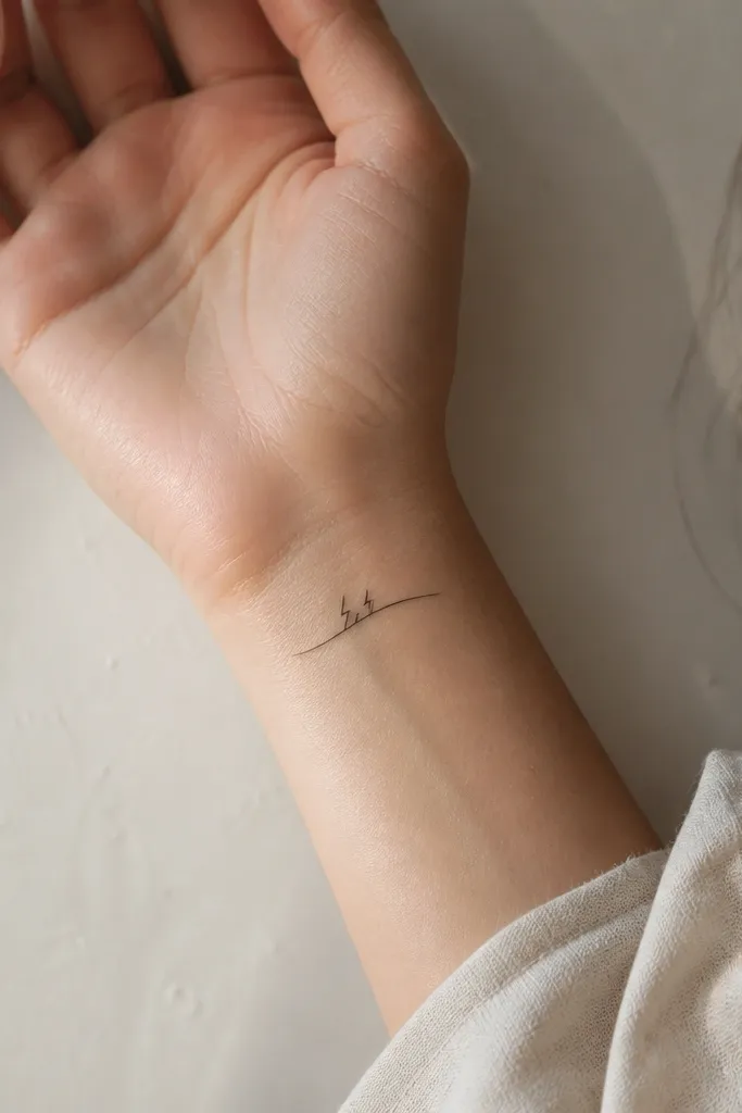 A thin black underline that curves slightly across the wrist with three tiny jagged marks rising from it. There's no readable word, just the shape of storm energy.