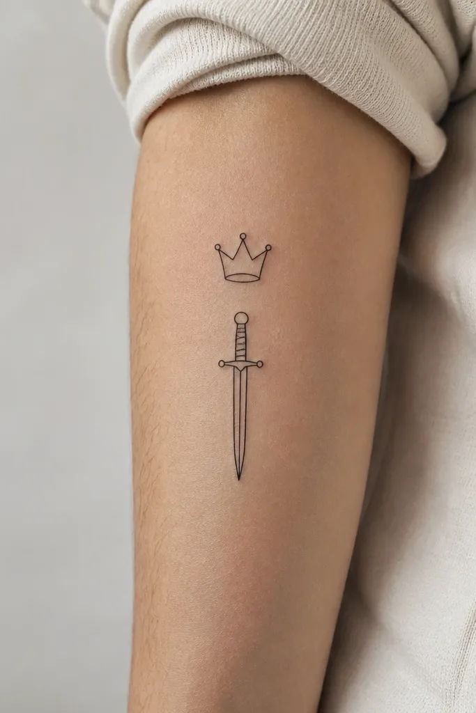 A small crown outline on top with a dagger below it, aligned in one vertical column. Both are thin black linework with blank interiors, no shading.