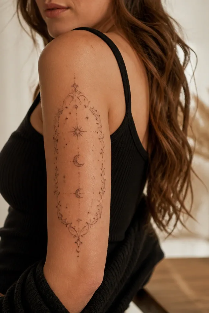 A person wearing a black satin slip dress with one sleeve slightly draped, showing a forearm tattoo of small stars and a crescent. Silver hoop earrings and a thin silver chain sit at the collarbone.