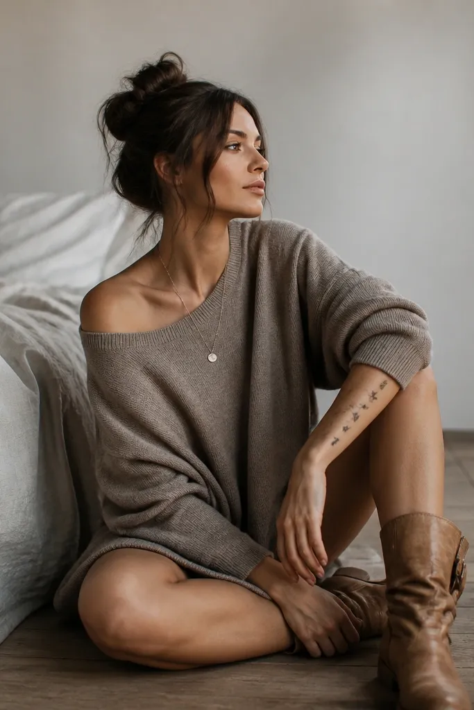 A taupe oversized sweater worn off one shoulder slightly, revealing a forearm star cluster tattoo. The person wears a thin pendant necklace and tan leather boots.