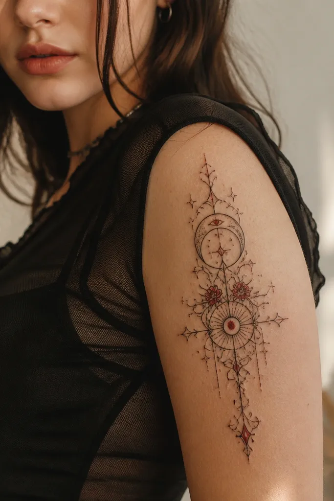 A black mesh top layered over a nude bra, with rose-red ink symbols visible on the upper arm. The person wears a choker-style necklace and rose-gold rings.
