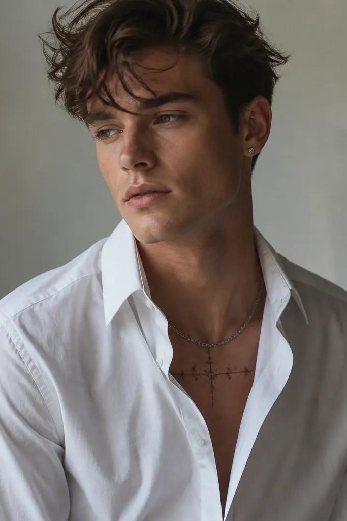 A crisp white oxford shirt with the top two buttons open. A collarbone tattoo of fine black line symbols is visible. Small silver studs and a short chain necklace.