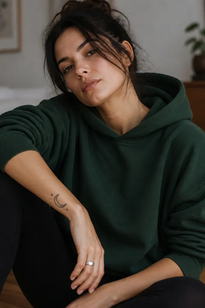A forest green hoodie with sleeves pushed up, showing a wrist tattoo of a crescent and small stars. The person wears black leggings and a matte silver ring.