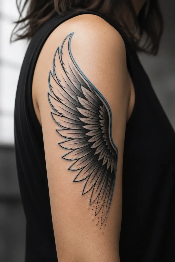A medium upper-arm tattoo where the wing silhouette is outlined in dark ink and a thin storm-blue line traces the outer contour. Inside, the feathers fade from crisp black separators into soft gray shading. A few tiny dot clusters sit near the bottom of the wing like falling ash.