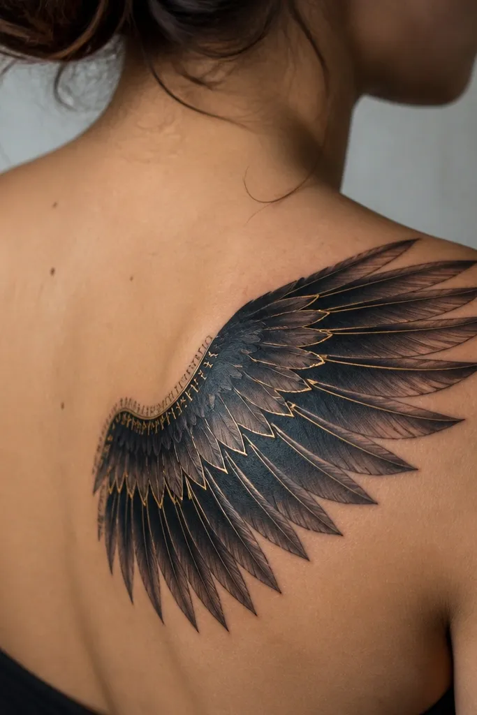 A shoulder blade tattoo showing a wing spread like a fan. The main feathers are black with smooth gray shadows. Near the center, thin gold-leaf style lines trace the feather edges, and tiny micro-runes curve along the base of the wing.