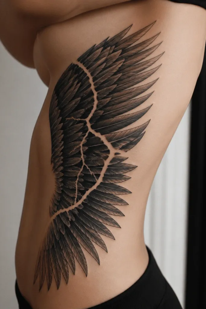 A side-rib tattoo that looks like a wing unfolding along the curve of the torso. It's mostly blackwork with crisp feather separations and heavy shadow under each row. The center has a negative-space lightning crack that runs through the wing.