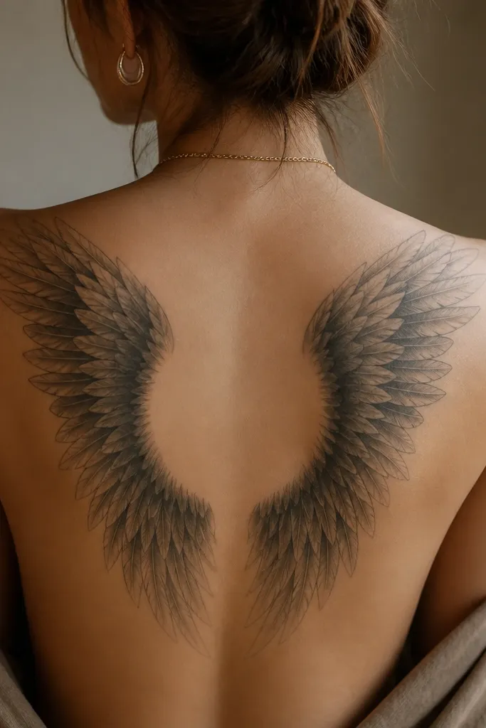 A back tattoo where the wings sit around a central negative-space oval. The feathers are in two-tone gray: darker shadows at the base and lighter mid-gray on the tips. The halo space stays blank skin, making the wing look like it's glowing.