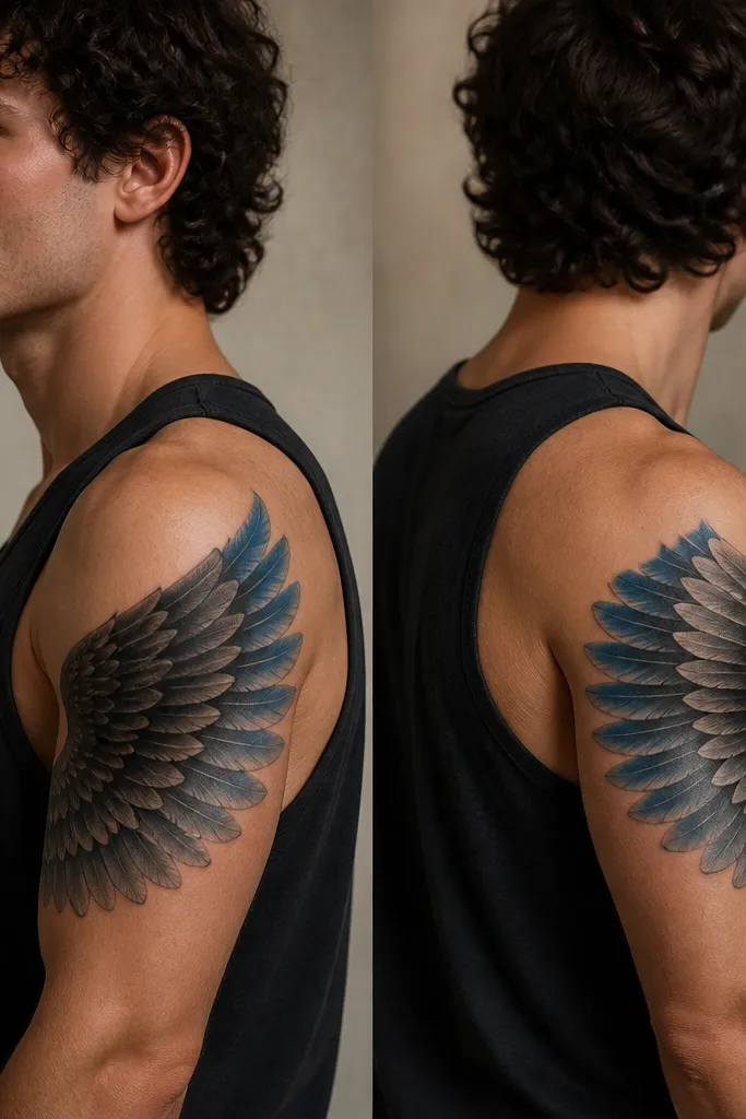 A wraparound upper-arm tattoo showing a wing that curves from the front bicep to the back of the arm. Feather tips fade from black into soft gray gradients. The wing edge has a thin line of pale blue at the outermost feathers.