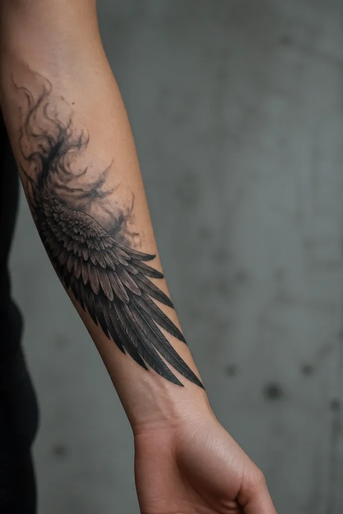 A forearm-side tattoo showing a half wing with strong black ink. Around the feather base, smoke-like shading spreads outward in soft gray gradients. The feathers have clean separators, and the wing edge is sharply defined.