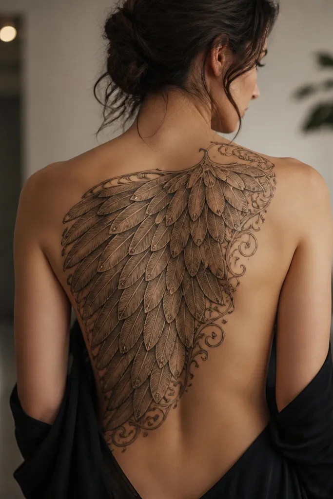 A back tattoo where the wing feathers look like overlapping plates. Each feather has a subtle armor texture pattern - tiny horizontal lines. Thin black filigree curls along the outer edge of the wing, framing the silhouette.