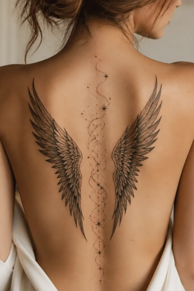 A vertical tattoo along the spine where a wing splits to the left and right. The feathers are crisp black with light gray shading. Between the two halves, tiny dot constellations cluster like stars, and a few short curved strokes suggest wind.